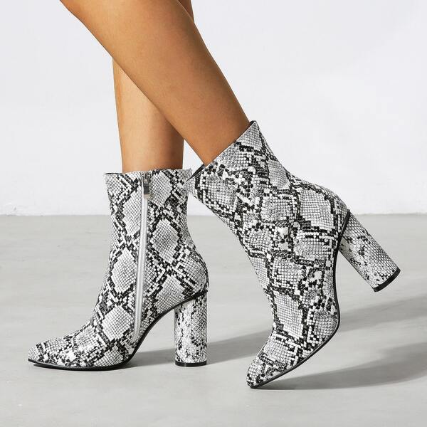 

Side Zip Snakeskin Print Chunky Heeled Boots, Black and white