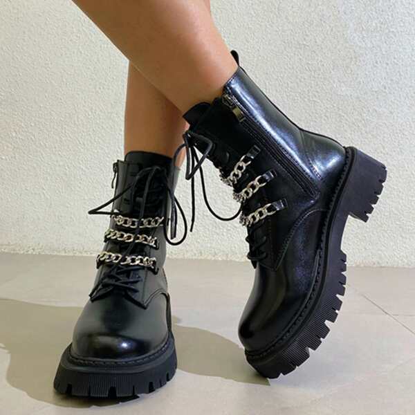 

Chain Decor Side Zip Combat Boots, Black