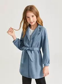 SHEIN 女孩西裝領燈籠袖腰帶麂皮外套