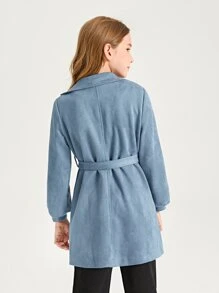 SHEIN 女孩西裝領燈籠袖腰帶麂皮外套