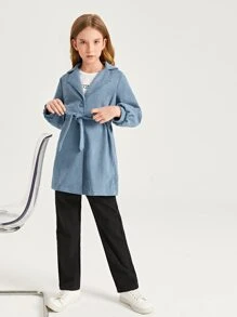 SHEIN 女孩西裝領燈籠袖腰帶麂皮外套