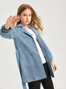 SHEIN 女孩西裝領燈籠袖腰帶麂皮外套