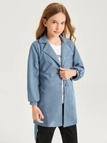 SHEIN 女孩西裝領燈籠袖腰帶麂皮外套