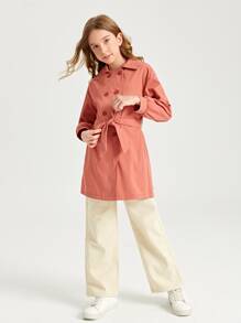 SHEIN 女孩雙排釦腰帶外套