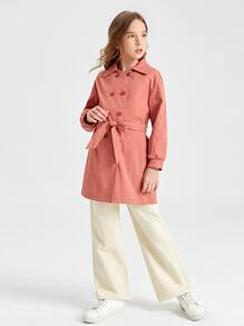 SHEIN 女孩雙排釦腰帶外套