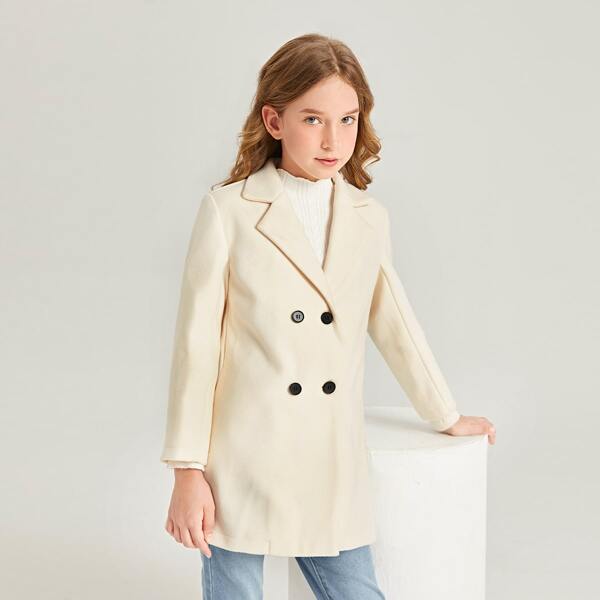 

Girls Lapel Neck Double Breasted Overcoat, Beige