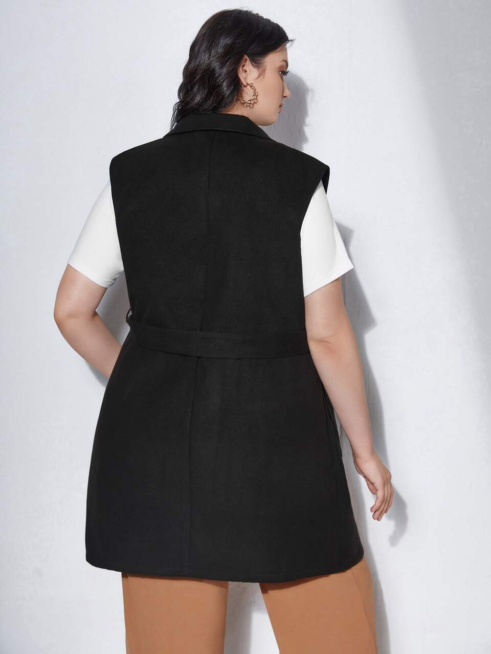 Plus Lapel Collar Dual Pocket Belted Vest Overcoat