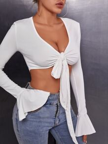 SHEIN SXY Áo crop top buộc dây tay bèo phía trước - trắng - Xem 5