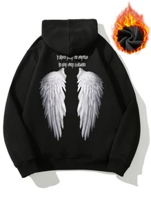 Manfinity Men Wings & Slogan Graphic Drawstring Thermal Lined Hoodie - Black - View 1