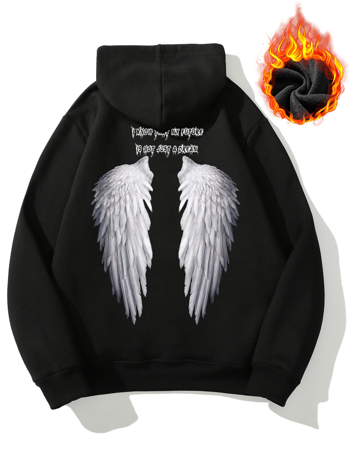 Manfinity Men Wings & Slogan Graphic Drawstring Thermal Lined Hoodie - Black - View 1