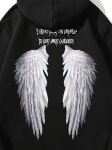 Manfinity Men Wings & Slogan Graphic Drawstring Thermal Lined Hoodie - Black - View 4