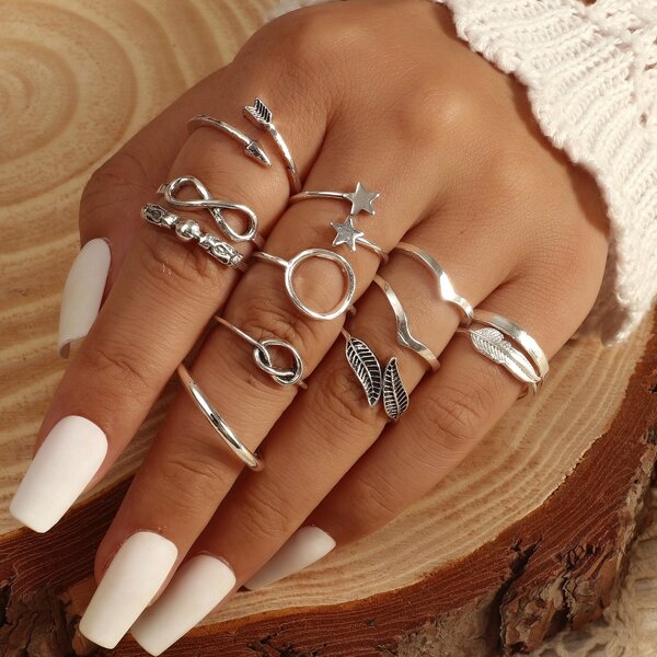 

12pcs Leather & Star Decor Ring, Antique silver