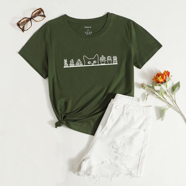 

Футболка с узором кошки & растения, Армейский зеленый