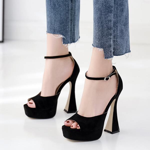 

Suede Ankle Strap Ultra Heeled Sandals, Black