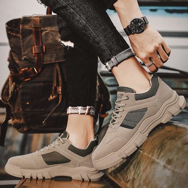 

Men Two Tone Lace-up Front Hiking Shoes, Khaki