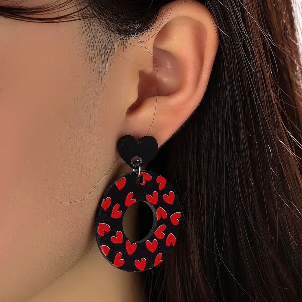 

Heart Print Round Drop Earrings, Black