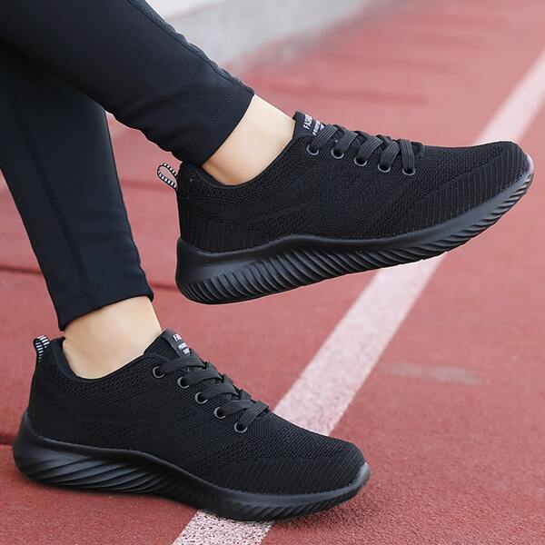 

Patch Decor Lace-up Running Shoes, Black