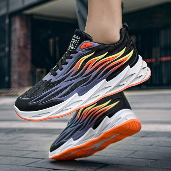 

Men Fire Pattern Lace-up Sneakers, Multicolor