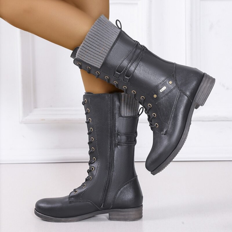 

Studded Decor Lace-up Mid Calf Boots, Black