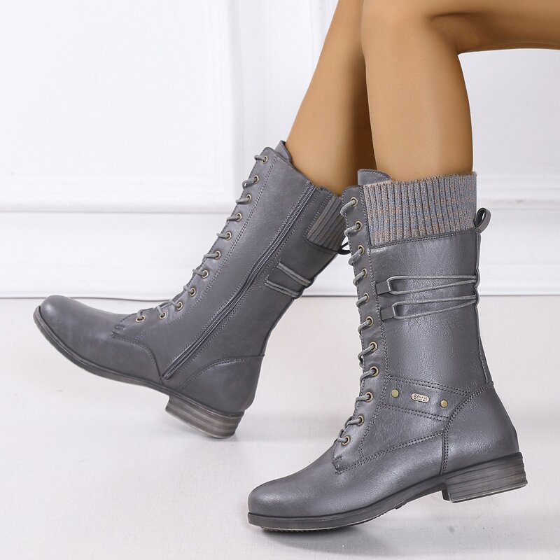 

Studded Decor Lace-up Mid Calf Boots, Grey