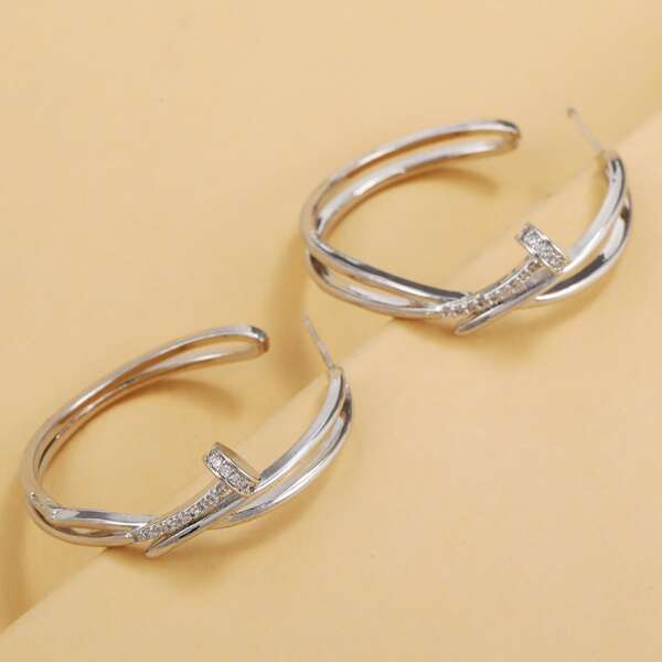 

Rhinestone Nail Decor Hoop Earrings, Silver
