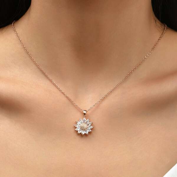 

Zircon Flower Charm Necklace, Rose gold