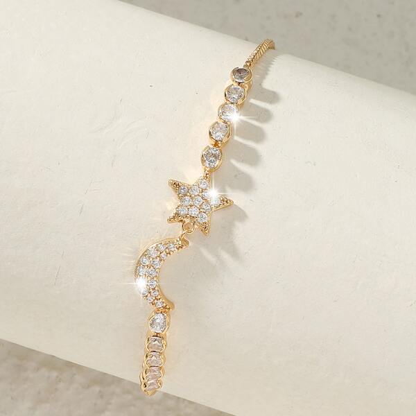 

Zircon Moon & Star Decor Bracelet, Gold