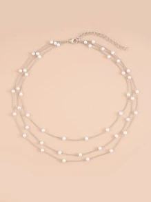 Faux Pearl Decor Layered Necklace - Silver - View 2