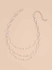 Faux Pearl Decor Layered Necklace - Silver - View 4