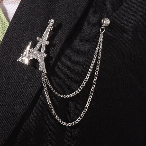 

Rhinestone Tower Decor Chain Brooch, Silver