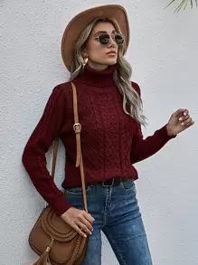 SHEIN LUNE Cable Knit Turtleneck Jumper - Burgundy - View 1