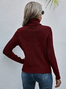 SHEIN LUNE Cable Knit Turtleneck Jumper - Burgundy - View 2
