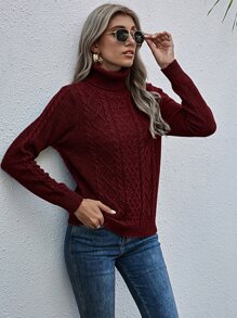 SHEIN LUNE Cable Knit Turtleneck Jumper - Burgundy - View 3
