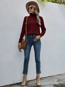 SHEIN LUNE Cable Knit Turtleneck Jumper - Burgundy - View 4