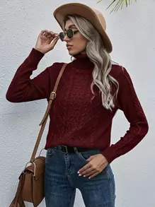 SHEIN LUNE Cable Knit Turtleneck Jumper - Burgundy - View 6