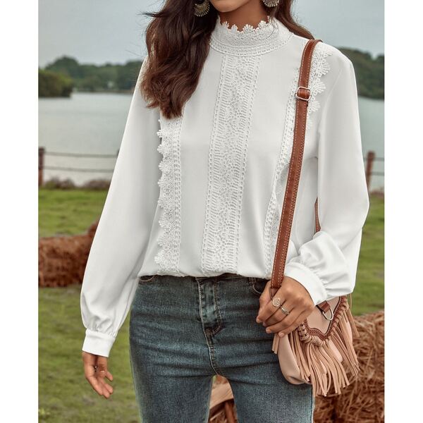 

Guipure Lace Panel Mock Neck Blouse, White