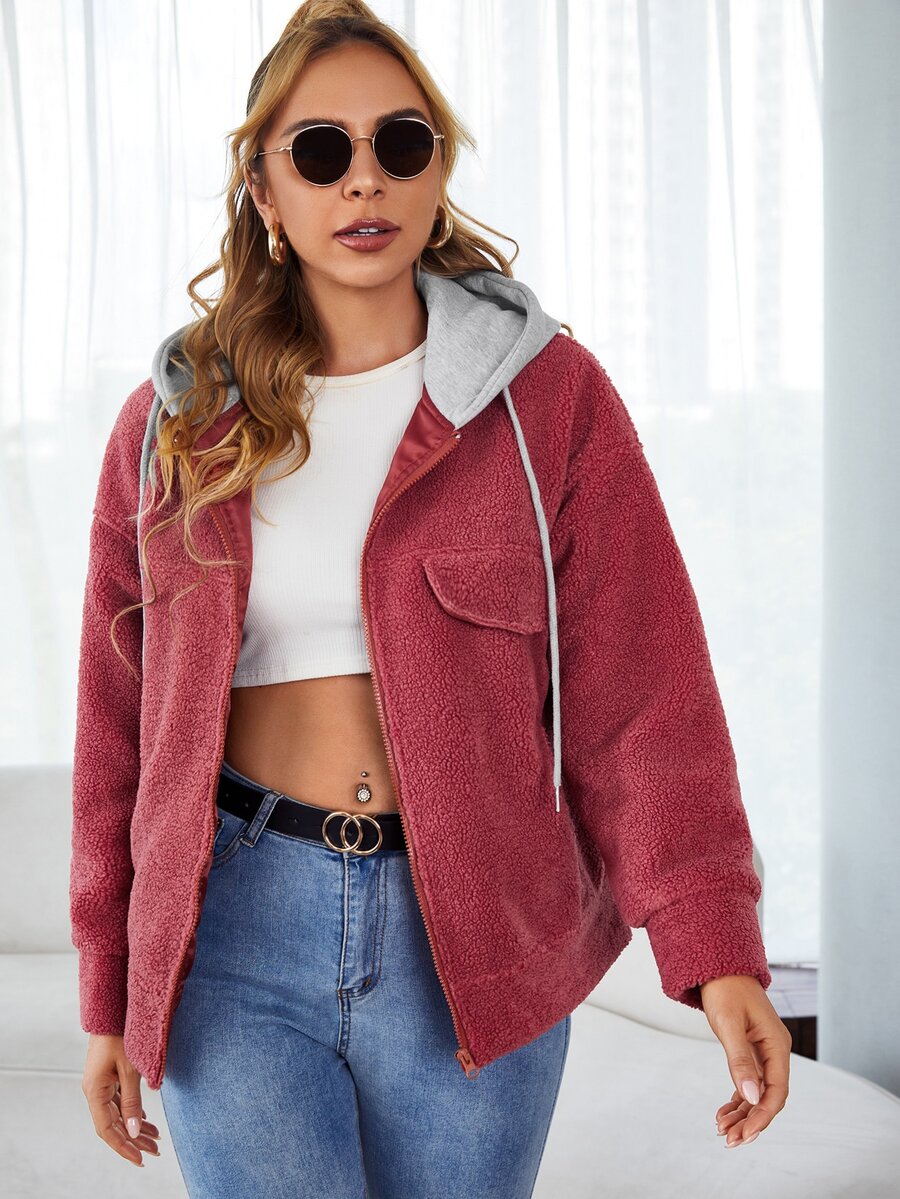 SHEIN Áo khoác nữ Dây kéo Khối Màu Giải trí - Màu Hồng  Dưa hấu - Xem 1