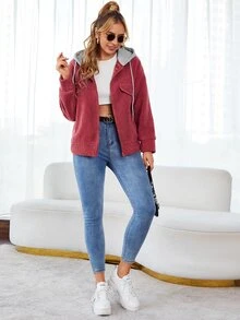 SHEIN Áo khoác nữ Dây kéo Khối Màu Giải trí - Màu Hồng  Dưa hấu - Xem 3