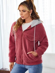 SHEIN Áo khoác nữ Dây kéo Khối Màu Giải trí - Màu Hồng  Dưa hấu - Xem 4