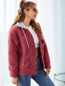 SHEIN Áo khoác nữ Dây kéo Khối Màu Giải trí - Màu Hồng  Dưa hấu - Xem 5