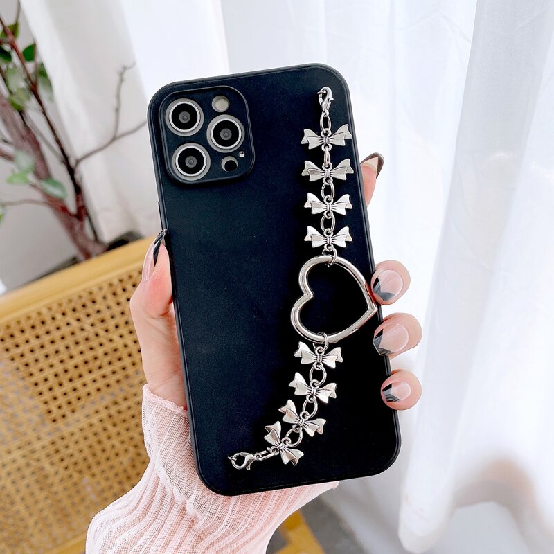

Plain Phone Case With Bow-Knot Decor Hand Strap, Silver