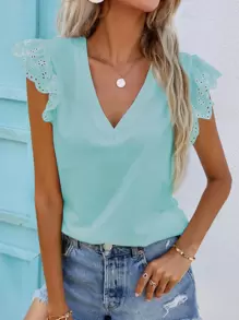 SHEIN Frenchy Áo sơ mi Xù Tranh thêu màu trơn Giải trí - Màu xanh nhạt - Xem 1