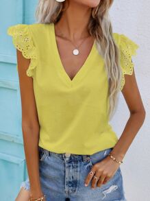 SHEIN Frenchy Eyelet Embroidery Sleeve V-Neck Tee - Yellow - View 1