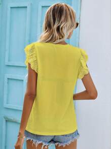 SHEIN Frenchy Eyelet Embroidery Sleeve V-Neck Tee - Yellow - View 2