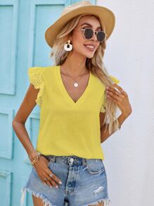 SHEIN Frenchy Eyelet Embroidery Sleeve V-Neck Tee - Yellow - View 4