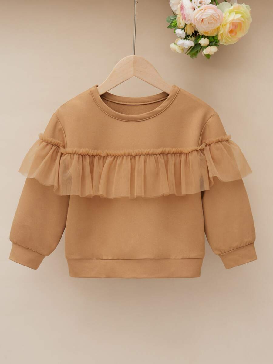 Toddler Girls Solid Contrast Mesh Sweatshirt - Camel - View 1