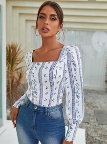 SHEIN 方領印花燈籠袖襯衫 - 彩色 - 查看 2