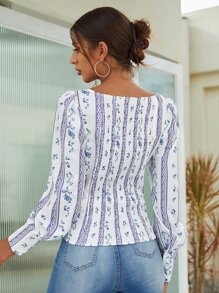 SHEIN 方領印花燈籠袖襯衫 - 彩色 - 查看 3