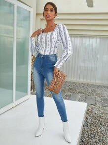 SHEIN 方領印花燈籠袖襯衫 - 彩色 - 查看 4