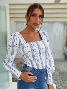 SHEIN 方領印花燈籠袖襯衫 - 彩色 - 查看 5